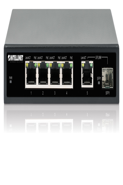 Intellinet-switch - 4 x 10/100/1000 (PoE+) + 1 x kombinerad Gigabit SFP/RJ-45 (upplänk) - 561822