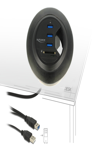 Delock In-Desk Hub 3 Port USB 3.0 + 2 Slot SD Card Reader - 62869