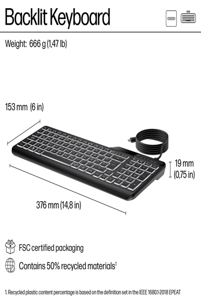 HP 405 Multi-Device Backlit Wired Keyboard: USB-C - 7N7C1AA