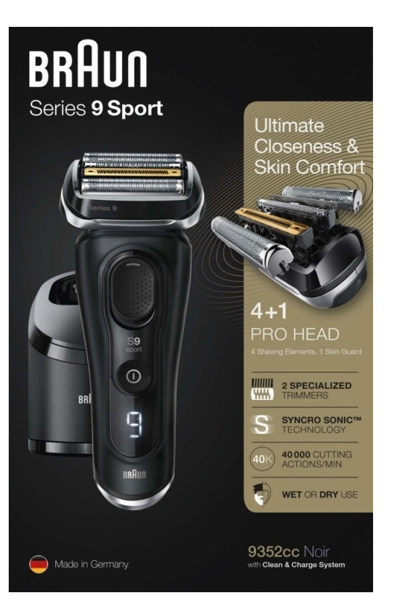 Braun Series 9 9352cc Sport, Foil shaver, Black, Grey, Active Quattro Head, Buttons, Battery, Lithium-Ion (Li-Ion) - 20251