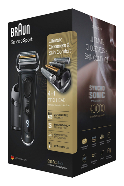 Braun Series 9 9352cc Sport, Foil shaver, Black, Grey, Active Quattro Head, Buttons, Battery, Lithium-Ion (Li-Ion) - 20251