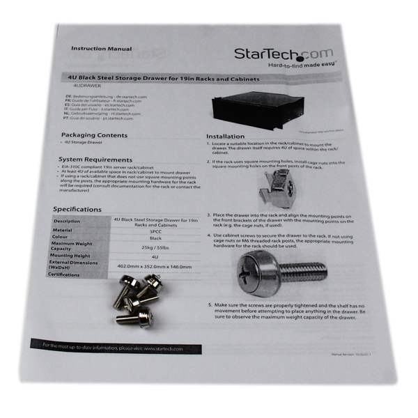 StarTech 4U Black Steel Storage Drawer for 19in Racks - 4UDRAWER
