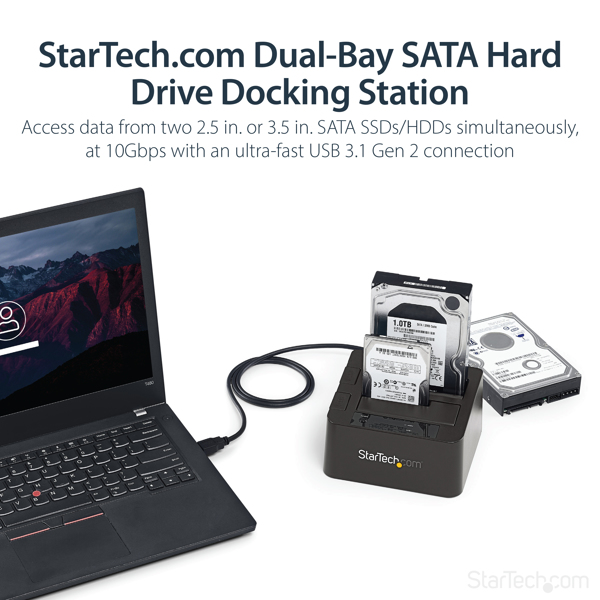StarTech.com USB 3,1 Gen 2 (10Gbps) Dual-Bay Dock for 2.5"/3.5" SATA Drives - Speicher-Controller mit Datenanzeige, Netzanzeige - 6,4 cm, 8,9 cm (2.5", 3.5") - USB 3,1 (Gen 2) - Schwarz (SDOCK2U313) - SDOCK2U313