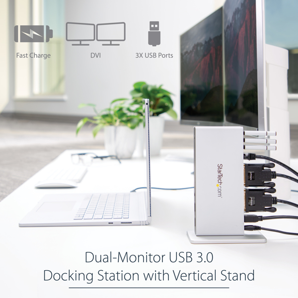 StarTech Dual-Monitor USB 3.0 Docking Station with DVI and Vertical Stand - Wired - USB 3.2 Gen 1 (3.1 Gen 1) Type-B - 3.5 mm - 10,100,1000 Mbit/s - IEEE 802.3,IEEE 802.3ab,IEEE 802.3u - Black-Silver - USB3SDOCKDD
