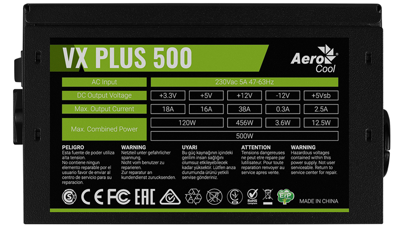 Alimentation AeroCool VX-500 PLUS 500 W, moyenne-tour E-ATX - AEROPGSVX-500PLUS-80