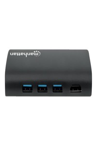 Manhattan USB-C Dock/Hub with Card Reader - Ports (x5): Ethernet - USB-A (3) and USB-C - 5 Gbps (USB 3.2 Gen1 aka USB 3.0) - With Power Delivery (100W) to USB-C Port (Note additional USB-C wall charger and USB-C cable needed) - Aluminium - Black - Three Year Warran - 152372