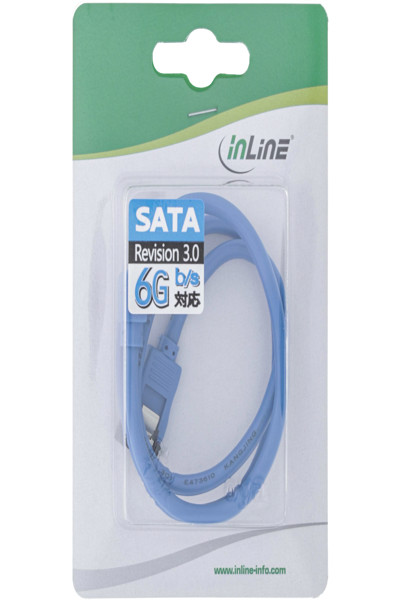 Câble rond InLine SATA 6 Gb/s bleu coudé à 90° avec loquets 0,15 m