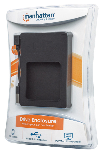 Manhattan Drive Enclosure - 2.5" - USB-A - 480 Mbps (USB 2.0) - SATA - Black - Silicone - Hi-Speed USB - Windows or Mac - Three Year Warranty - Blister - HDD enclosure - 2.5" - Serial ATA - 0.29 Gbit/s - Hot-swap - Black - 130103