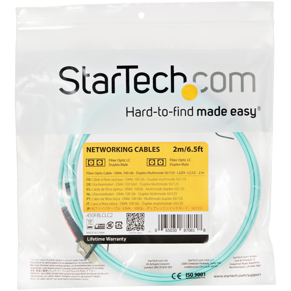 StarTech Aqua OM4 Duplex Multimode Fiber - 2m / 6 ft - 100 Gb - 50/125 - OM4 Fiber - LC to LC Fiber Patch Cable (450FBLCLC2) - Network cable - 2 m - Aquamarine - 450FBLCLC2