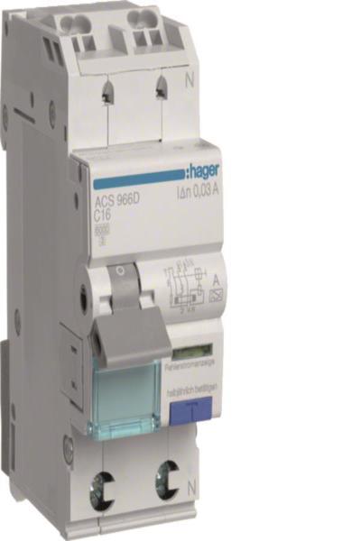 Interrupteur différentiel Hager 1P+N 6kA C-16A 10mA ACS966D