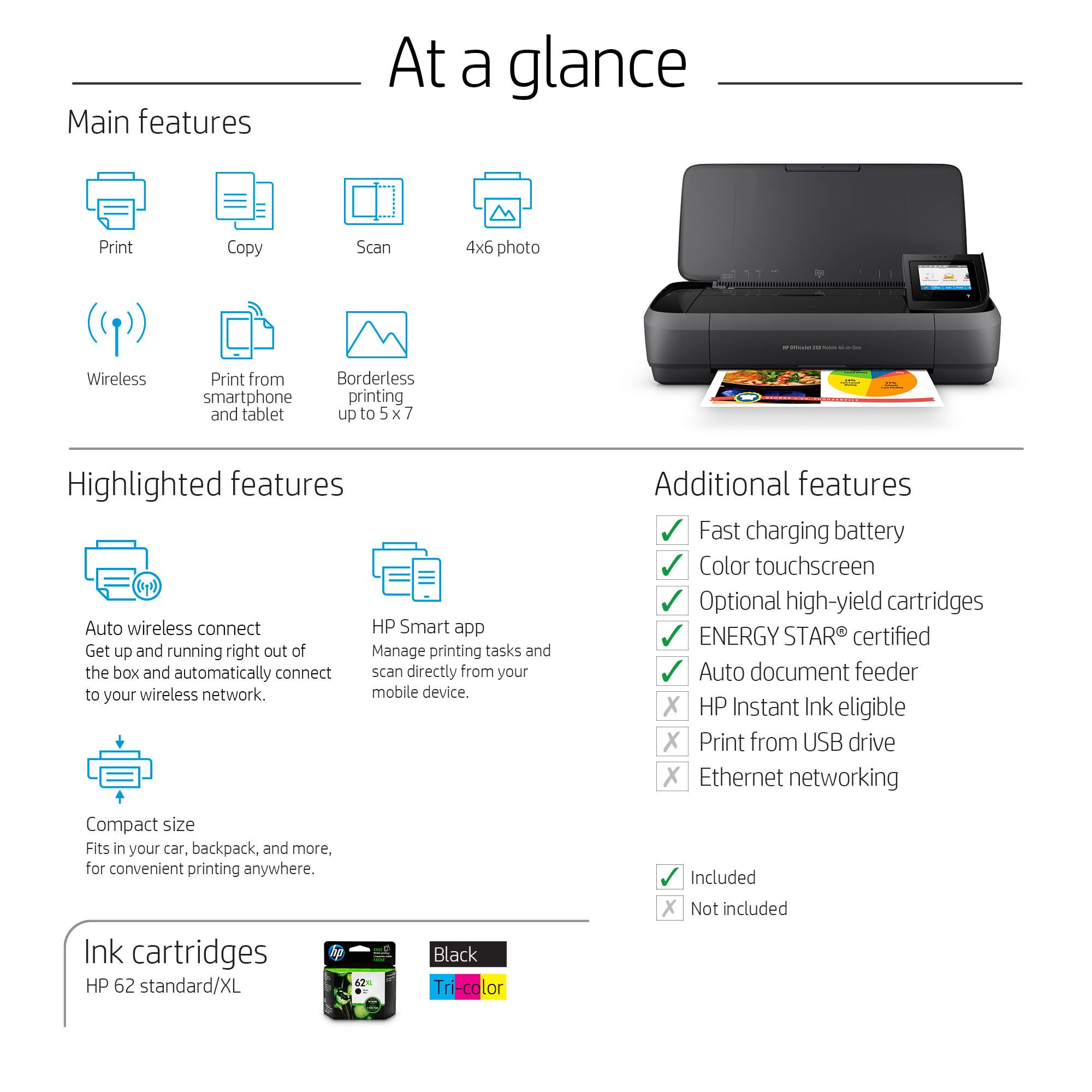 HP OfficeJet 250 Mobile All-in-One Printer - Print - copy - scan - 10-sheet ADF - Thermal inkjet - Colour printing - 4800 x 1200 DPI - A4 - Direct printing - Black - CZ992A