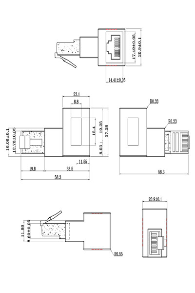 Adaptateur de cordon de raccordement en ligne Cat.6A RJ45 coudé à gauche