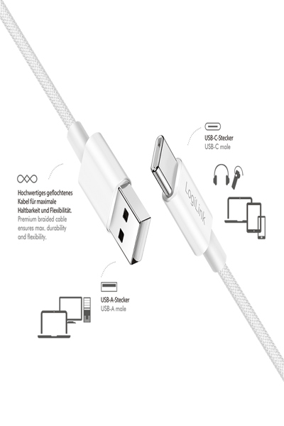 LOGILINK USB 2.0 TYPE-C CABLE C/M> A/M NYLON 60W WHITE