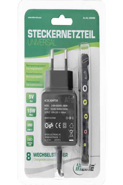 Bloc d'alimentation universel InLine - 5 V / 15 W - avec 8 prises interchangeables - Micro-USB - USB-C