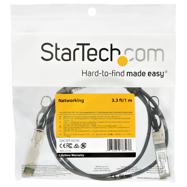 StarTech DACSFP10G1M SFP+ cable (1m, 10 GbE, Dell EMC DAC-SFP-10G-1M compatible SFP+ cable, Passive copper DAC cable, Mini-GBIC) - 10GBase direct attach cable - SFP+ (S) latched to SFP+ (S) latched - 1 m - twinaxial - passive - DACSFP10G1M