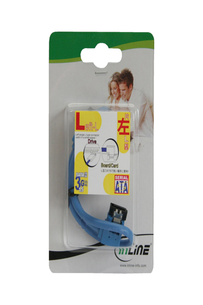 Câble rond InLine SATA 6 Gb/s bleu coudé à gauche à 90° avec loquets 0,5 m