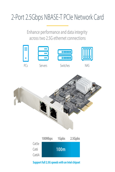 StarTech.com 2-portars 2,5 Gbps NBASE-T PCIe-nätverkskort, Intel I225-V, nätverkskort med dubbla portar för datorer, nätverkskort för flera gigabit-enheter, PCI Express-server-LAN-kort, stationärt Ethernet-gränssnitt - PR22GI-NETWORK-CARD