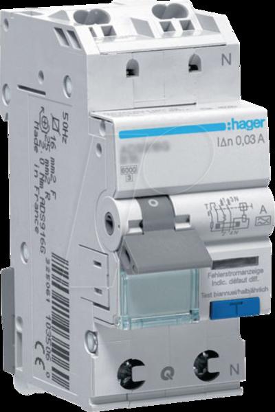 Interrupteur Hager Fi/LS 1P+N 6kA C-25A 30mA ADS975D