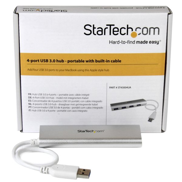 StarTech 4 port compact USB 3.0 hub with built-in cable - aluminum USB hub - silver - hub - 4 ports - ST43004UA