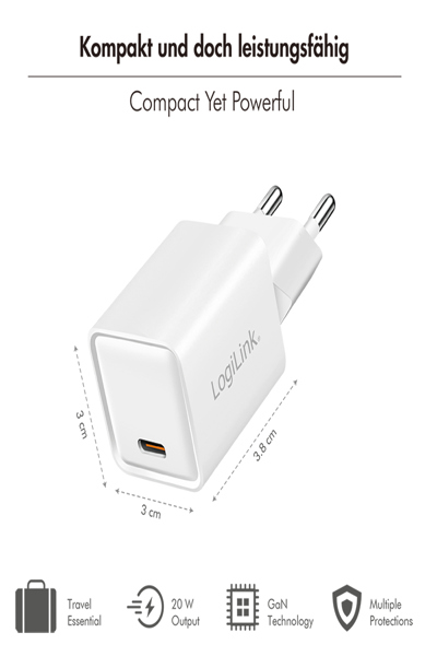 LogiLink PA0355 - USB-Ladegeraet 20 W 5-12 V 1x USB-C PD+QC 3.0 GaN weiÃƒÅ¸ - PA0355