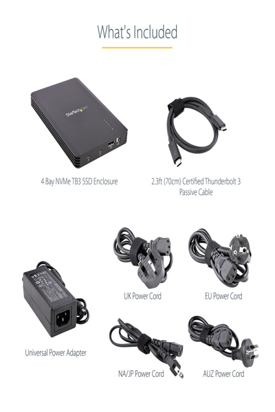 StarTech.com 4 Bay Thunderbolt 3 NVMe Enclosure, For M.2 NVMe Solid State Drives, 1x DisplayPort Video & 2x TB3 Downstream Ports, Up to 40Gbps, 72W Power Supply - M2E4BTB3