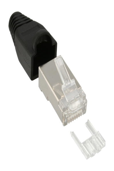 Connecteur à sertir en ligne RJ45 8P8C blindé avec enfileur + protection contre la courbure 100 pièces.