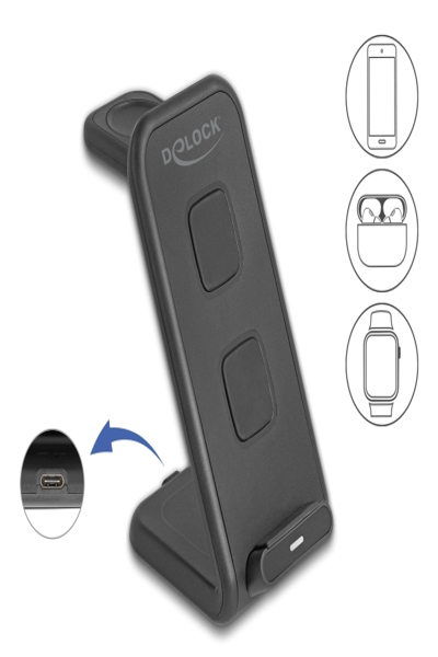 Chargeur sans fil Delock 3 en 1 avec 2 bobines de charge 5 W 5 15
