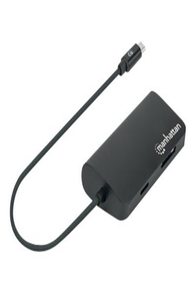 Manhattan USB-C Dock/Hub with Card Reader - Ports (x5): Ethernet - USB-A (3) and USB-C - 5 Gbps (USB 3.2 Gen1 aka USB 3.0) - With Power Delivery (100W) to USB-C Port (Note additional USB-C wall charger and USB-C cable needed) - Aluminium - Black - Three Year Warran - 152372