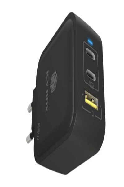 ICY BOX 3Port 65W GaN LadegerÃƒÂ¤t mit PD 3.0 2x USB Type-C 1x Type-A Anschluss EU - IB-PS1030-PD