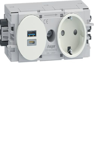 Hager GS16009016 USB AC 2P Blanc 250V 16A