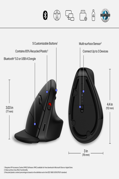 HP 920 Ergonomic Wireless Mouse: Right-hand, Vertical Design, 4000 DPI - 6H1A4AA