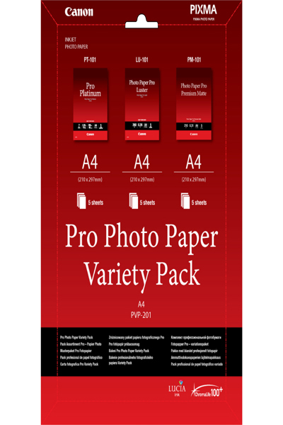 Canon PVP- 201 Pro Photo Paper Variety Pack A4 - 15 Sheets - Laser/Inkjet - A4 - White - 15 sheets - PIXMA MP272 PIXMA MP480 PIXMA MP490 PIXMA MP499 PIXMA MP600 PIXMA MP640 PIXMA MX455 PIXMA MX474... - 210 mm - 6211B021