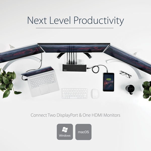 StarTech Triple-Video Laptop Docking Station - Windows / macOS - Supports three displays, 2x DisplayPort and HDMI or 4K Ultra HD on one monitor - Docking Station - USB3DOCKH2DP