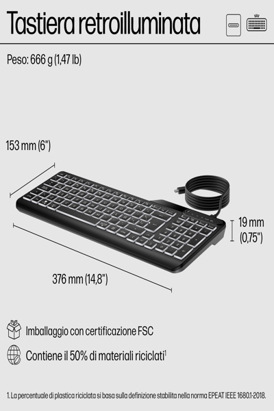 HP 405 Multi-Device Backlit Wired Keyboard: USB-C - 7N7C1AA