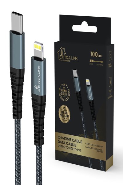 Extralink SMART LIFE 27 W USB-C vers Lightning, câble noir de 100 cm