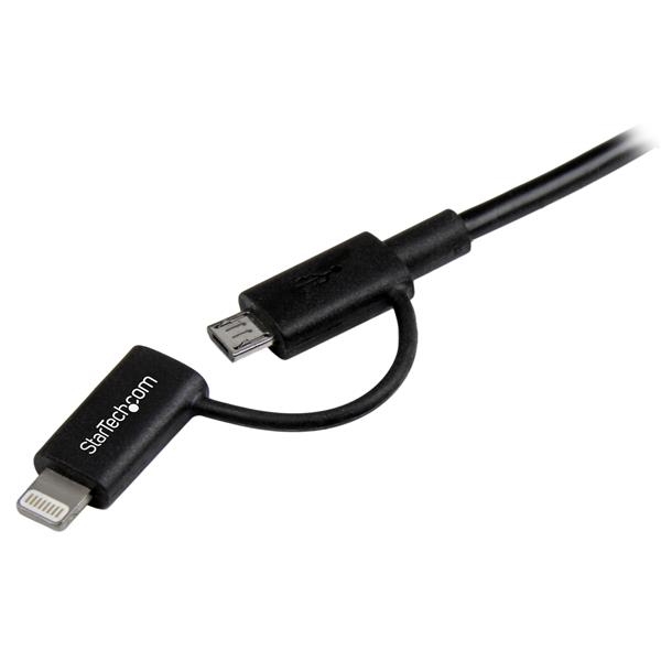 StarTech Apple 8-pin Lightning or Micro USB to USB Combo Cable - iPad / iPhone / iPod / cellular phone / tablet charging / data cable - Lightning / USB - 24/28 AWG - USB Type A, 4-pin (M) - 5-pin Micro-USB Type B, Lightning (M) - 1.0m - shielded - Black - LTUB1MBK