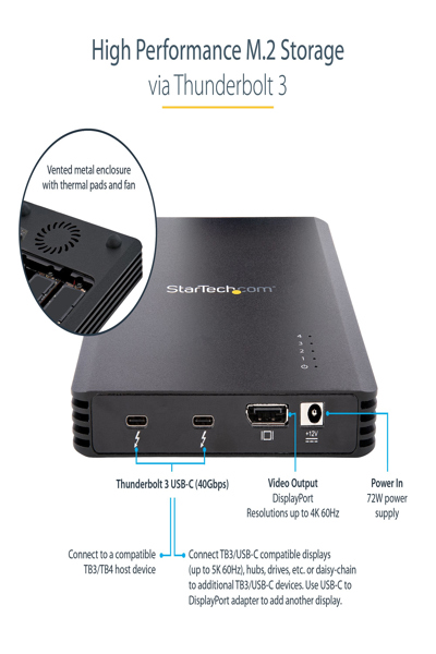StarTech.com 4 Bay Thunderbolt 3 NVMe Enclosure, For M.2 NVMe Solid State Drives, 1x DisplayPort Video & 2x TB3 Downstream Ports, Up to 40Gbps, 72W Power Supply - M2E4BTB3