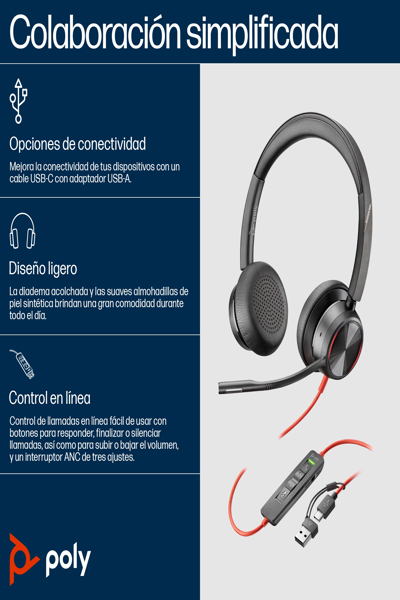 Poly Blackwire 8225 Microsoft Teams Certified USB-C Headset - Wired - Office/Call center - 185 g - Headset - Black