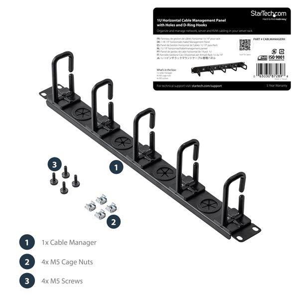 StarTech 1U Server Rack Cable-Management Panel - Cable management panel - Black - 1U - EIA/ECA-310-E - TAA - CE - 44 mm - CABLMANAGERH
