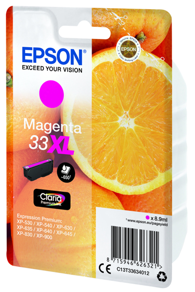 Encre Epson Oranges Singlepack Magenta 33XL Claria Premium - Rendement élevé (XL) - Encre pigmentée - 8,9 ml - 650 pages - 1 pièce(s)