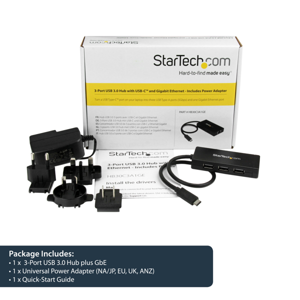 StarTech.com 3-Port USB-C Hub with Gigabit Ethernet - USB-C to 3x USB-A - USB 3.0 - Includes Power Adapter - Wired - USB - Ethernet - 1000 Mbit/s - Black - HB30C3A1GE