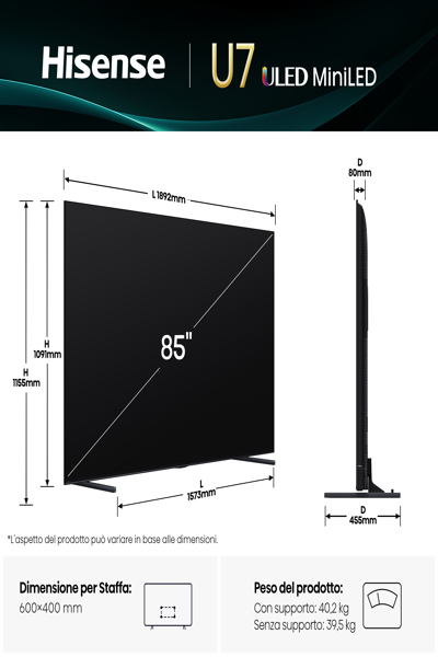 HISENSE 85U7Q 85" UHD MINI LED SMART TV - 85U7Q
