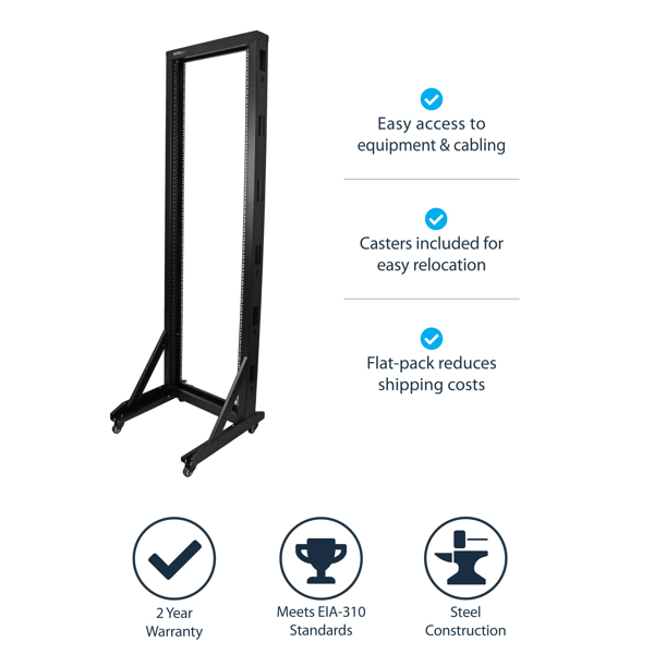 StarTech 2-Post Server Rack with Casters - 42U - 42U - Freestanding rack - 300kg - Black - Steel - Open - 2POSTRACK42
