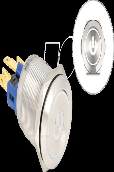 Delock Tryckknapp - för 22 mm installation, 6 x lödanslutning, vit LED-strömsymbol och ring - 20986