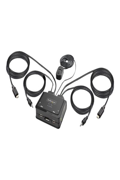StarTech.com KVM-switch med 2 portar och USB-C-kabel, 4K 60Hz DisplayPort-utgång, kompakt KVM med 1,2 m integrerade USB typ-C/ljudkablar, bussdriven - C2-D46-UC2-CBL-KVM
