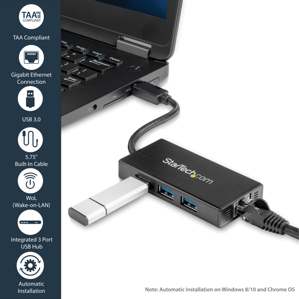 StarTech 3 Port Portable USB3.0 Hub Gigabit Ethernet - ST3300GU3B