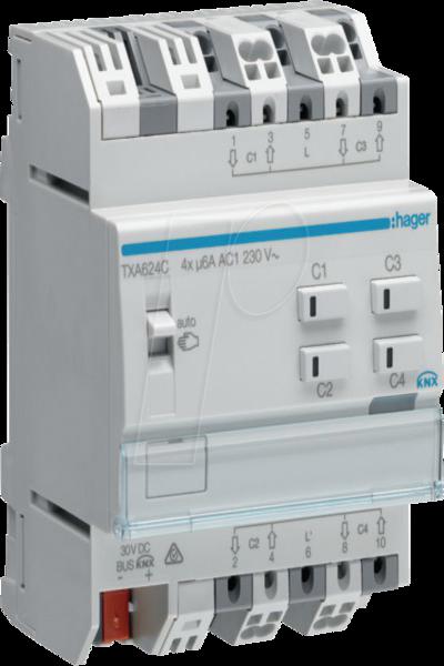 Hager TXA624C - Actionneur de store/volet roulant - Montage sur rail DIN - 4 canaux - IP20 - Blanc - 230 V