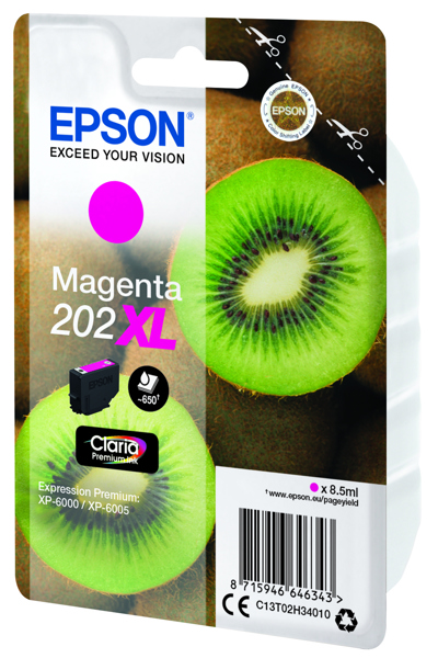 Encre Epson Kiwi Singlepack Magenta 202XL Claria Premium - Rendement élevé (XL) - Encre pigmentée - 8,5 ml - 650 pages - 1 pièce(s)
