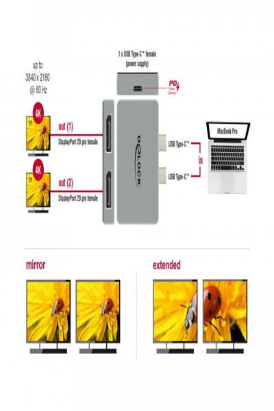 Adaptateur DisplayPort Delock - USB-C 24 broches (M) vers DisplayPort, USB-C 24 broches (F)