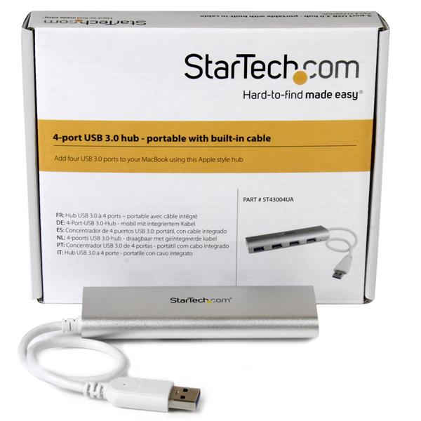 StarTech 4 port compact USB 3.0 hub with built-in cable - aluminum USB hub - silver - hub - 4 ports - ST43004UA